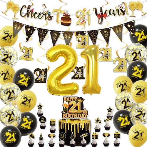 ERMWALR 21. Geburtstags-Dekorationsset für Männer und Frauen, schwarzgoldene Luftballons zum 21. Geburtstag mit Banner-Dreiecksflagge, Konfetti und Folienballons für Geburtstagsfeier (21.) von ERMWALR