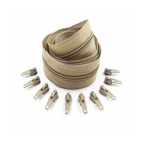 ERQIAO 1/2/3/5/8/10 Meter 3# lange Nylon-Reißverschlüsse, Rollen mit 2/4/6/10/16/20 Stück Reißverschlussschieber für Schneider- und Nähzubehör (Khaki, 5 m, 10 Schieber_3#) von ERQIAO