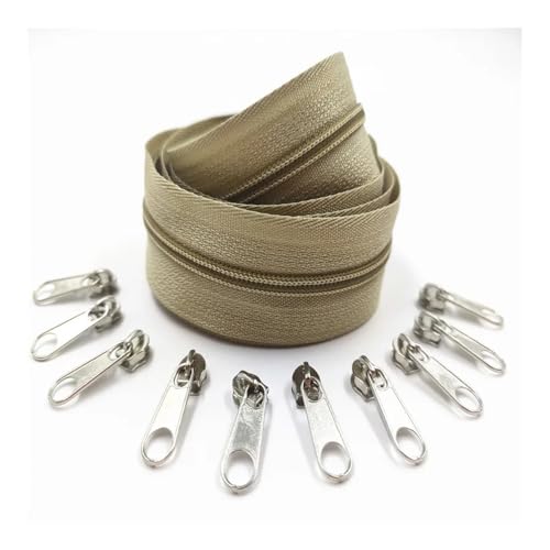 ERQIAO 1/2/3/5/8/10 Meter 3# lange Nylon-Reißverschlüsse, Rollen mit 2/4/6/10/16/20 Stück Reißverschlussschieber für Schneider- und Nähzubehör (Khaki 308, 1 Meter 2 Schieber_3#) von ERQIAO