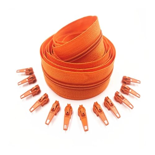 ERQIAO 1/2/3/5/8/10 Meter 3# lange Nylon-Reißverschlüsse, Rollen mit 2/4/6/10/16/20 Stück Reißverschlussschieber für Schneider- und Nähzubehör (Orange, 10 m, 20 Schieber_3#) von ERQIAO