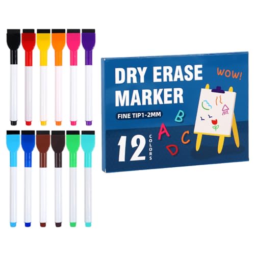 Marker mit Radiergummi für Whiteboard, Kreidetafel, 12 Farben, löschbar, Whiteboard-Marker für Büro, Schule, Schulzubehör von ERRORY