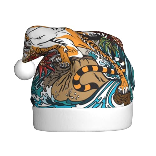 ESASAM Drache und Tiger bedruckte Weihnachtsmütze für Erwachsene, hochwertiger Plüschstoff, voller lebendiger gedruckter Designs. von ESASAM