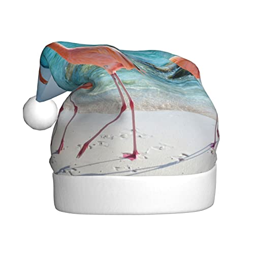ESASAM Rosa Flamingo am Strand bedruckte Weihnachtsmütze für Erwachsene, hochwertiger Plüschstoff, voller lebendiger gedruckter Designs. von ESASAM