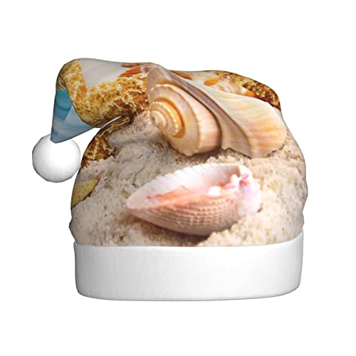 ESASAM Weihnachtsmütze mit Seestern, Muschel, Ozean, Strand, bedruckt, für Erwachsene, hochwertiger Plüschstoff, voller lebendiger Druckdesign. von ESASAM