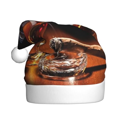 ESASAM Zigarre und Whiskey bedruckte Weihnachtsmütze für Erwachsene, hochwertiger Plüschstoff, voller lebendiger Druckdesign. von ESASAM