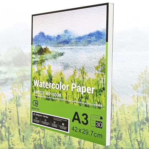 ESENG® Premium Aquarellpapier DIN A3, 100% Baumwolle - 30x Blätte - 300GSM - Weiß, Aquarellblock, Malblock Papier für Aquarell, Zeichnen, Malen von ESENG