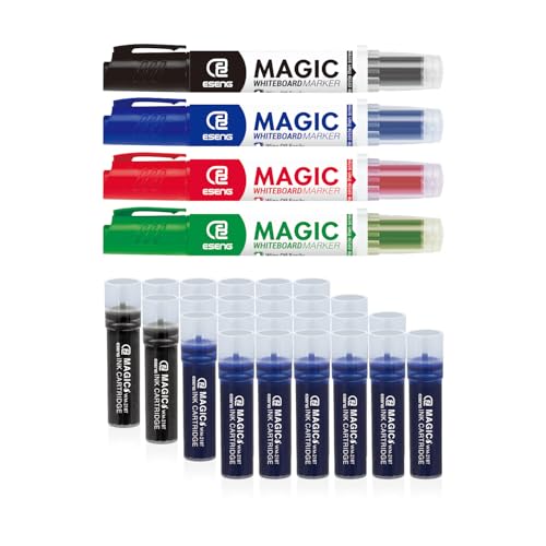 ESENG® Magic WM-218 Whiteboard Marker & WM-218T Tintenpatrone, Paket inkl. Marker (1x4 Farben) & Tintenpatronen (12x Schwarz+12X Blau) von ESENG