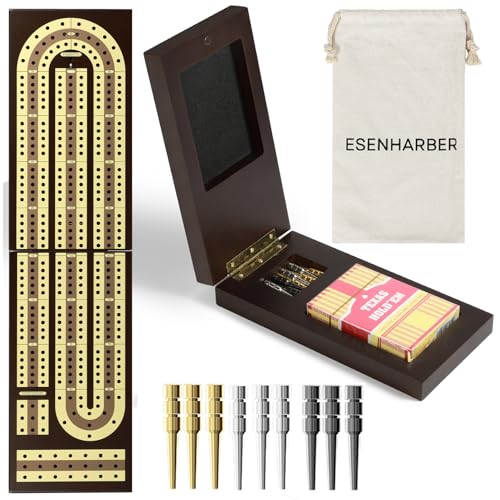 Faltbares hölzernes Cribbage-Brett-Set - Elegantes 3-läufiges Design mit Magnetverschluss, 9 Metallklammern, volles Kartendeck, perfekt für Familienspielabende und Reisen Faltbares hölzernes Cribbage-Brett-Set - Elegantes 3-läufiges Design mit Magnetverschluss, 9 Metallklammern, volles Kartendeck, perfekt für Familienspielabende und Reisen von ESENHARBER