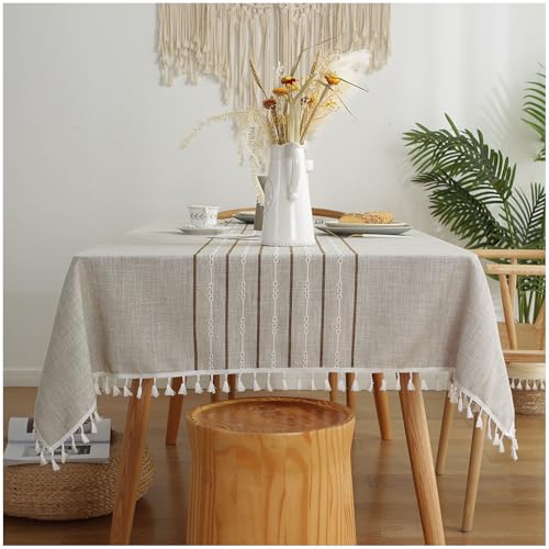 ESINY Baumwolle Leinen Tischdecke 140x270cm Abwaschbar Quasten Dekorations Tischtuch Elegante Rechteckige Staubdicht Tischdecken, Tischwäsche für Home Küche Tischdekoration von ESINY