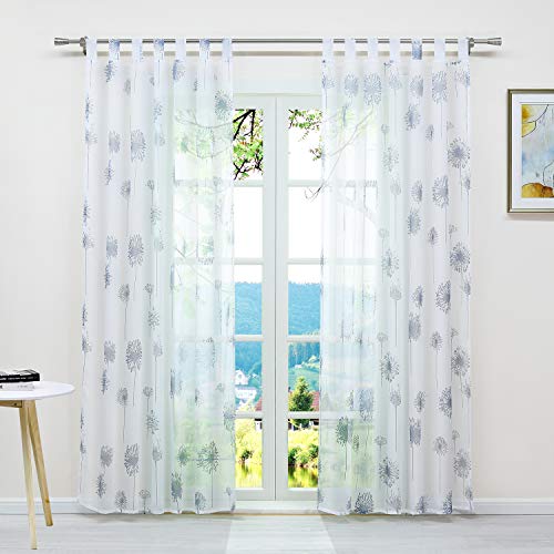 ESLIR Gardinen mit Schlaufen Vorhänge Fensterschal Transparent Schlaufenschal mit Löwenzahn Muster Voile Weiß BxH 140x225cm1 Stück von ESLIR