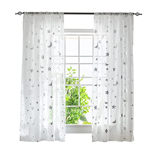 ESLIR Gardinen mit Tunnelzug Transparente Vorhänge Voile Fensterschal Modern Mond und Sterne Muster Wohnzimmer Kinderzimmer 1 Stück BxH 140x175cm Silber von ESLIR