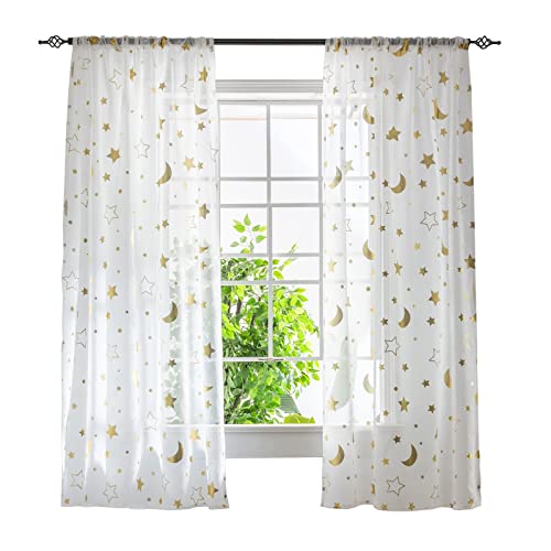 ESLIR Gardinen mit Tunnelzug Transparente Vorhänge Voile Fensterschal Modern Mond und Sterne Muster Wohnzimmer Kinderzimmer 1 Stück BxH 140x245cm Gold von ESLIR