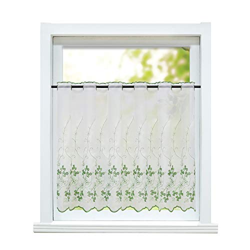 ESLIR Scheibengardine Landhaus Bistrogardine Küche Gardinen Transparent Vorhänge mit Stickerei Kurzgardine Bestickt Voile Blätter Grün HxB 75x110cm 1 Stück von ESLIR