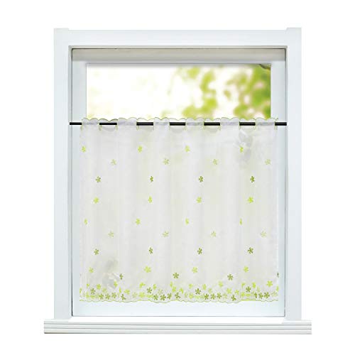 ESLIR Scheibengardine Landhaus Bistrogardine Küche Gardinen Transparent Vorhänge mit Stickerei Kurzgardine Bestickt Voile Blumen Grün HxB 45x110cm 1 Stück von ESLIR