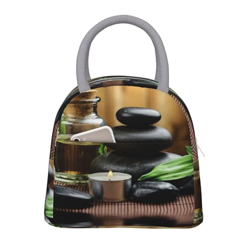 ESNAIUVCD Isolierte Lunchtasche für Damen, Motiv: Steine und Spa, Öl auf dem Holz, in der Nähe eines Teiches, wiederverwendbar, tragbar, Kühltasche, Tragetasche, wasserabweisend, Lunchbox für von ESNAIUVCD