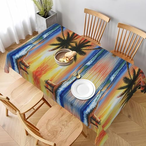 ESNAIUVCD Tischdecke mit Palmen-Sonnenlandschaftsdruck, 152,4 x 228,6 cm, auslaufsicherer, strukturierter Stoff, für Innen- und Außenbereich und Feiern von ESNAIUVCD