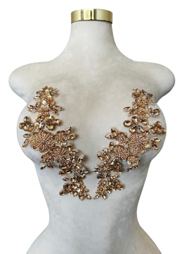 Handgefertigte Mieder-Strass-Applikation, Nähen, Glasperlen, Steine, Kristallbesatz, Spitzenaufnäher für Kleid, Kleidung, Accessoires, 1 Paar/Tasche, 8,9 x 24,9 cm, Champagnerfarben Handgefertigte Mieder-Strass-Applikation, Nähen, Glasperlen, Steine, Kristallbesatz, Spitzenaufnäher für Kleid, Kleidung, Accessoires, 1 Paar/Tasche, 8,9 x 24,9 cm, Champagnerfarben von ESOSZNUA