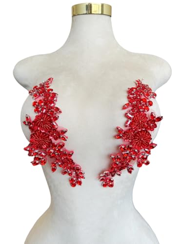 Handgefertigte Mieder-Strass-Applikation, Nähen, Glasperlen, Steine, Kristallbesatz, Spitzenaufnäher für Kleid, Kleidung, Accessoires, 1 Paar/Tasche, 8,9 x 24,9 cm, Rot Handgefertigte Mieder-Strass-Applikation, Nähen, Glasperlen, Steine, Kristallbesatz, Spitzenaufnäher für Kleid, Kleidung, Accessoires, 1 Paar/Tasche, 8,9 x 24,9 cm, Rot von ESOSZNUA
