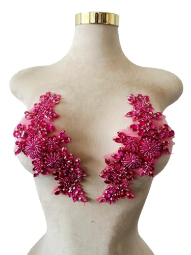 Handgefertigte Mieder-Strass-Applikation, Nähen, Glasperlen, Steine, Kristallbesatz, Spitzenaufnäher für Kleid, Kleidung, Accessoires, 1 Paar/Tasche, 8,9 x 24,9 cm (Rosarot) von ESOSZNUA