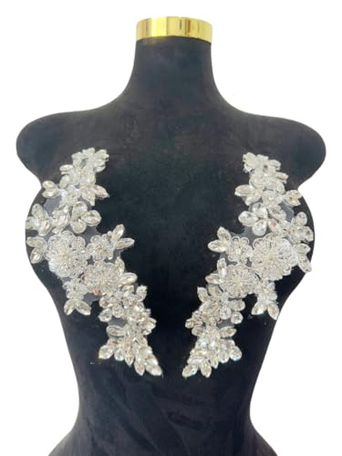 Handgefertigte Mieder-Strass-Applikation, Nähen, Glasperlen, Steine, Kristallbesatz, Spitzenaufnäher für Kleid, Kleidung, Accessoires, 1 Paar/Tasche, 8,9 x 24,9 cm (Silber) von ESOSZNUA