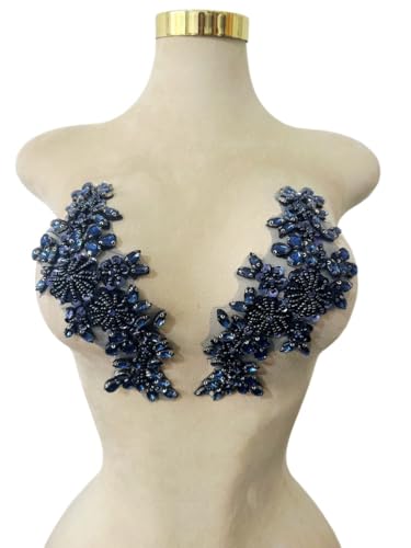 Handgefertigte Mieder-Strass-Applikation, Nähen, Glasperlen, Steine, Kristallbesatz, Spitzenaufnäher für Kleid, Kleidung, Accessoires, 1 Paar/Tasche, 8,9 x 24,9 cm (tiefblau) von ESOSZNUA