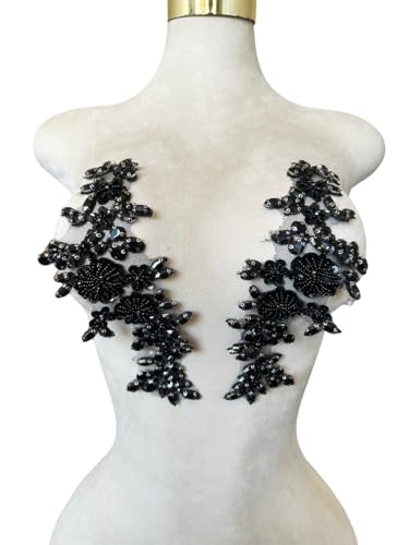 Handgefertigte Mieder-Strass-Applikation, zum Nähen, Glasperlen, Steine, Kristallbesatz, Spitzenaufnäher für Kleid, Kleidung, Accessoires, 1 Paar/Tasche, 8,9 x 24,9 cm (schwarz) von ESOSZNUA