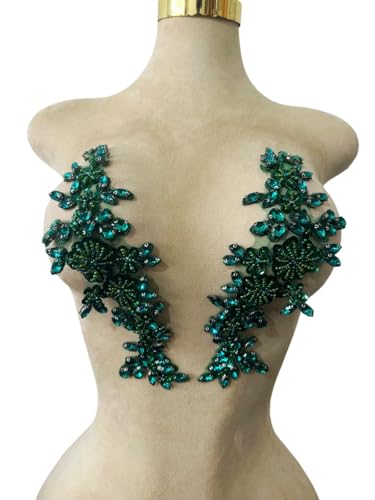 Handgefertigte Mieder-Strass-Applikation, zum Nähen, Glasperlen, Steine, Kristallbesatz, Spitzenaufnäher für Kleid, Kleidung, Accessoires, 1 Paar/Tasche, 8,9 x 24,9 cm (tiefgrün) von ESOSZNUA