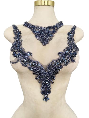 Pure handgefertigte Strass-Applikation, Zubehör, Handnähen, Perlen, Steine, Besatz, Flicken für Mädchen, Hochzeitskleid, 2 Stück/Set (Dunkelblau) von ESOSZNUA