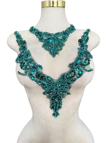 Pure handgefertigte Strass-Applikation, Zubehör, Handnähen, Perlen, Steine, Besatz, Flicken für Mädchen, Hochzeitskleid, 2 Stück/Set (tiefgrün) von ESOSZNUA