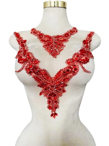 Pure handgefertigte Strass-Applikation, Zubehör, Handnähen, Perlen, Steine, Besatz, Flicken für Mädchen, Hochzeitskleid, 2 Stück pro Set, Rot von ESOSZNUA