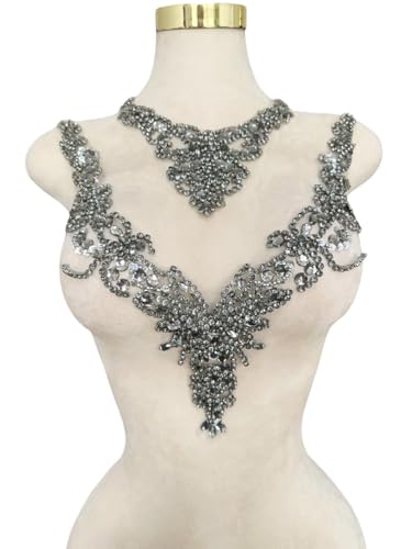 Reine handgefertigte Strass-Spitzenapplikation, Zubehör, Handnähen, Perlen, Steine, Besatz, Flicken für Mädchen, Hochzeitskleid, 2 Stück pro Set, Grau Reine handgefertigte Strass-Spitzenapplikation, Zubehör, Handnähen, Perlen, Steine, Besatz, Flicken für Mädchen, Hochzeitskleid, 2 Stück pro Set, Grau von ESOSZNUA