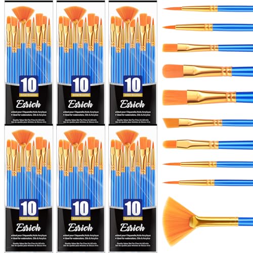 ESRICH Pinsel, 6 Packungen - 60 Stück, Pinsel für Acrylmalerei, Acryl-Pinsel-Set für Öl, Aquarell, Körper, Gesicht, Felsen, Leinwand, kleine Pinsel für Kinder und Erwachsene von ESRICH