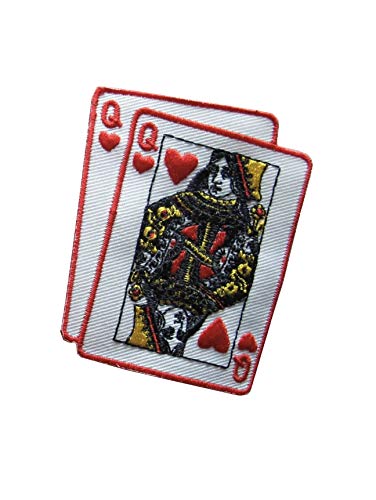 ETDesign Aufnäher / Bügelbild, Motiv: Pokerkarte, Herzkönigin, Stickerei, zum Aufbügeln, 6,4 x 7,5 cm, #2792, Weiss/opulenter Garten von ETDesign