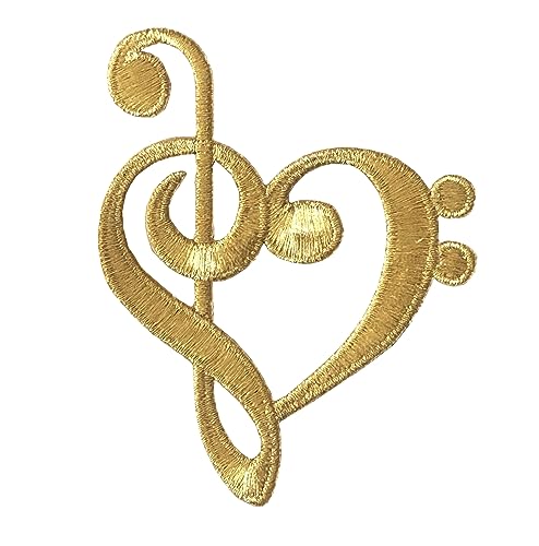 ETDesign #E05209 Gold Love Music, Musiknoten, Violinschlüssel & Bassschlüssel Herz zum Aufbügeln Stickerei Applikation Patch (Größe: 8 x 7,2 cm) von ETDesign