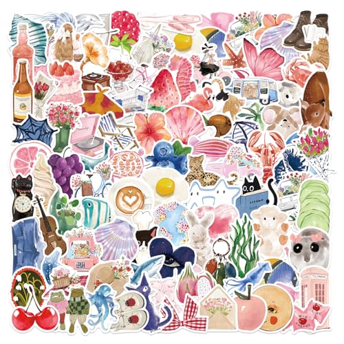 100 Stück Ästhetische Sticker Set - Sommer Watercolor Aufkleber, Vinyl Wasserdichte Sticker für Laptop, Trinkflasche, Tagebuch & Mehr (2-3.5 Zoll, Knitterfrei, Sonnenbeständig) von ETHEL