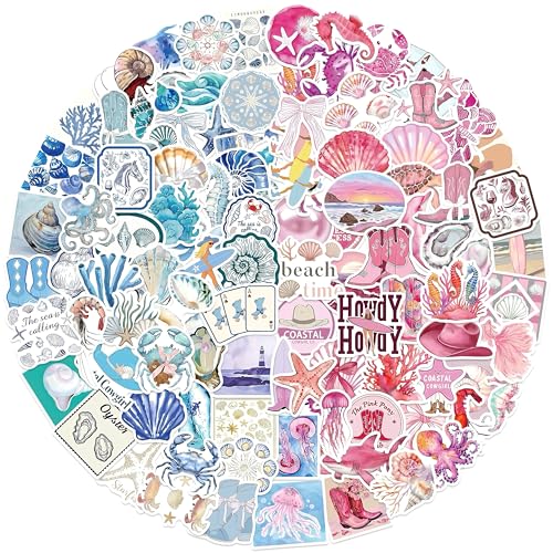 Blaue und rosa Küstenaufkleber, 100 Stück, Strand-Sommer-Ozean-Thema, wasserdichte Vinyl-Aufkleber für Mädchen, Teenager, Wasserflaschen, Laptops, Gepäck, Skateboards von ETHEL