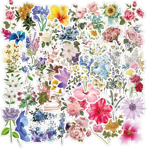 Floral Stickers 50pcs - Waterproof Reusable Flower Stickers for Adults & Kids, Nature-Themed Vinyl Sticker, Craft Decorations für Auto, Laptop, Fahrrad, Skateboard, Wasserflasche Floral Stickers 50pcs - Waterproof Reusable Flower Stickers for Adults & Kids, Nature-Themed Vinyl Sticker, Craft Decorations für Auto, Laptop, Fahrrad, Skateboard, Wasserflasche von ETHEL
