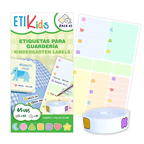ETIKIDS SHAPES PACK: Pack 40 Klebeetiketten + 25 Eisenetiketten mit Symbolen für Formen von ETIKIDS