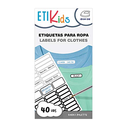 ETIKIDS TERMO COLORS: DARKS - 40 anpassbare dunkle Kleidungsetiketten für Kindergarten und Schule. von ETIKIDS