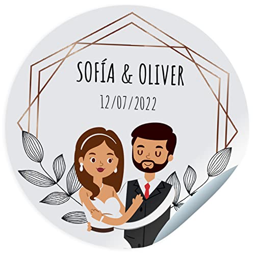 Hochzeitsaufkleber. Personalisierte Sticker mit Namen und Datum für die Geschenke Ihrer Gäste. Größe 45 mm/60 mm/ 70mm Durchmesser. Nicht für Kleidung geeignet von ETIKIDS