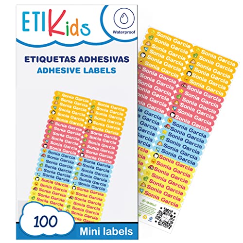 Namensaufkleber Kinder für Schule (100 Stück) - Personalisierte Aufkleber mit Namen für Stifte und Bleistift. Farbige Etiketten wasserfest. Größe 4,6 x 0,6 cm. von ETIKIDS