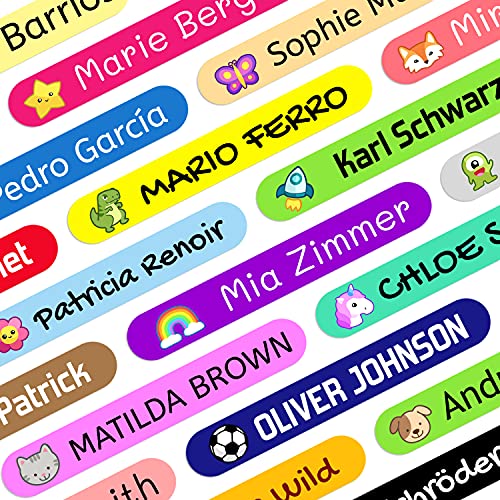 Namensaufkleber Kinder für Schule (200 Stück) - Personalisierte Aufkleber mit Namen für Stifte und Bleistift. Farbige Etiketten wasserfest. Größe 4,6 x 0,6 cm. von ETIKIDS