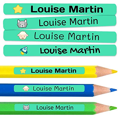 Namensaufkleber Kinder für Schule (500 Stück) - Personalisierte Aufkleber mit Namen für Stifte und Bleistift. Farbige Etiketten wasserfest. Größe 4,6 x 0,6 cm. von ETIKIDS