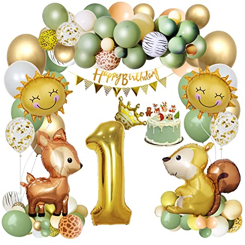 1 Jahr Waldtiere Geburtstag Deko für Junge/Mädchen, Kindergeburtstag Deko 1 Jahr, Wild One Deko mit Happy Birthday Banner, Folienballon, Luftballon, Kuchendeckel von ETLEE
