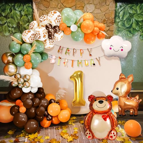 Waldtiere Geburtstag Deko mit Luftballons für den 1. Geburtstag Junge, einschließlich Bärenfolienballon, Rehfolienballon und Waldtierkuchendeko für eine wilde Geburtstagsfeier von ETLEE