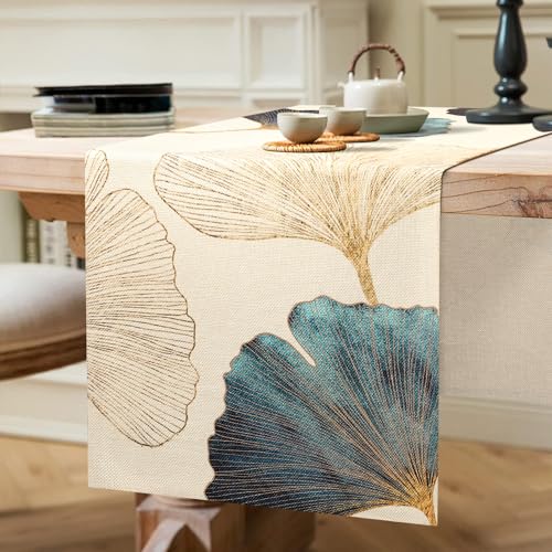 Tischläufer Modern Esszimmer Tischläufer Frühling Tischläufer Petrol Muster Tischläufer Gold Ginkgo Biloba Tischläufer Polyester Table Runner Für Anrichte Schließfächer Schuhschrank Dekor 33x183cm von ETOLISHOP