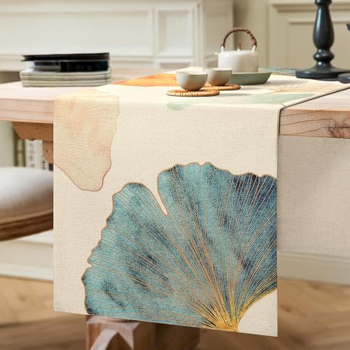 Tischläufer Türkis Tischläufer Modern Wohnzimmer Tischläufer Petrol Tischläufer Gold Gelb Ginkgo Biloba Outdoor Tischläufer Polyester Tischdecke für Party Tabletop Dekor Table Runner 33x183cm von ETOLISHOP