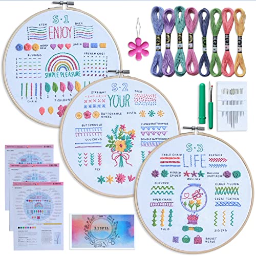 ETSPIL 3 Sets Stickset für Anfänger und Erwachsene, lernen Sie 33 verschiedene Stiche, DIY-Kits, inklusive geprägtem Blumenmuster, Reifen, Farbfäden, Werkzeuge, leicht verständliche Anleitung und von ETSPIL