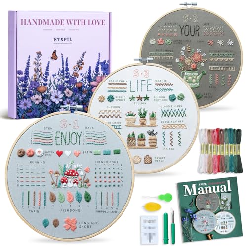 ETSPIL Stickset für Erwachsene Anfänger, 3er-Pack 33 Stich-Übungsmuster, vorgestanzte Muster, 20 cm Reifen, Fäden und Nadeln, Schritt-für-Schritt-Anleitung mit Video von ETSPIL
