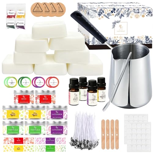 Kerzenherstellung Kit, DIY Kerzen Selber Machen Set,Duftkerze Geschenke Set mit 480g Sojawachs,8 Kerzendosen,4 Duftöl,4 Farbblöcken,50 Candle Wicks und Wick Aufklebern, 16 Stickers von Yzoo